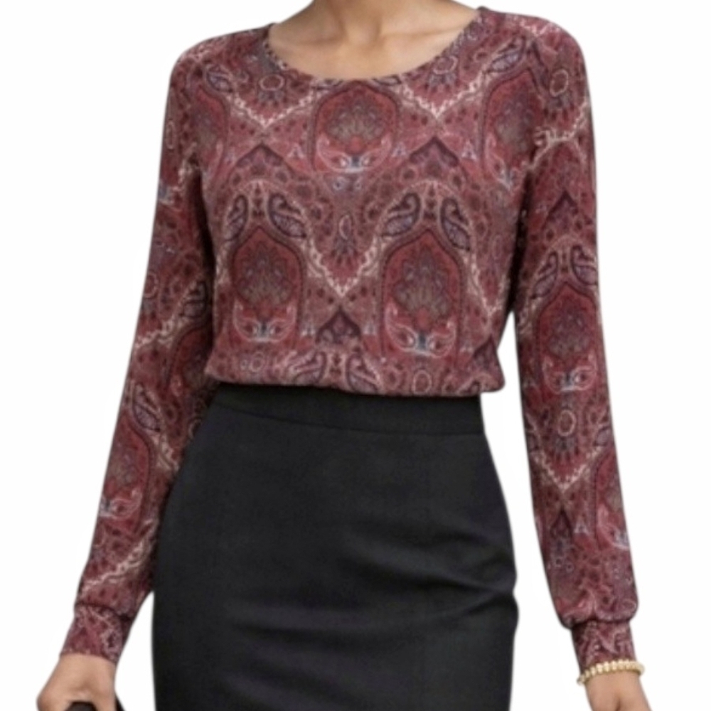 Talbots Boho Paisley Merino Wool Sweater Burgundy Maroon L